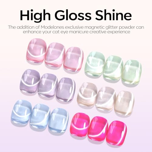 Modelones Cat Eye Gel Nail Polish, 6 Colors Glitter Summer Pink Blue Green Blue Gel Polish Set with Magnet Sparkle Translucent Nail Polish Kit Soak Off Led Nail Art Manicure Salon DIY Gifts - color: A-0 Ice Rainbow