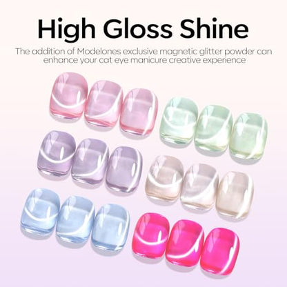 Modelones Cat Eye Gel Nail Polish, 6 Colors Glitter Summer Pink Blue Green Blue Gel Polish Set with Magnet Sparkle Translucent Nail Polish Kit Soak Off Led Nail Art Manicure Salon DIY Gifts - color: A-0 Ice Rainbow