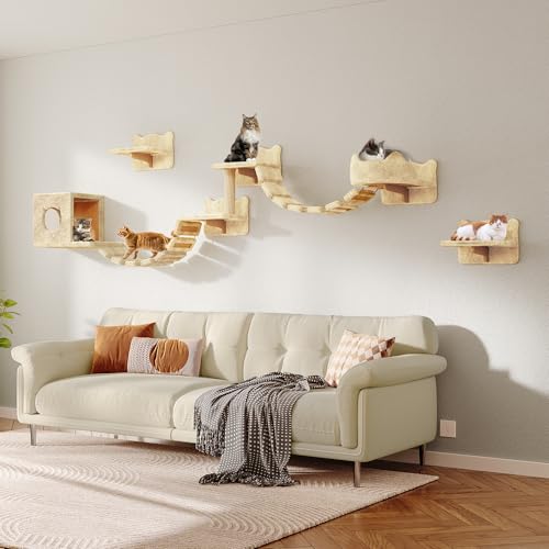 9-in-1 Cat Wall Shelves, Stable & Safe Wall Mounted Cats Shelf Furniture Set with Plush Fabric, Wooden Cat Climbing Wall Systems with Scratching Post, Bridge Ladder, Floor Space-Saving, Beige - color: Beige, size: 9-in-1