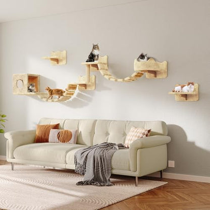 9-in-1 Cat Wall Shelves, Stable & Safe Wall Mounted Cats Shelf Furniture Set with Plush Fabric, Wooden Cat Climbing Wall Systems with Scratching Post, Bridge Ladder, Floor Space-Saving, Beige - color: Beige, size: 9-in-1