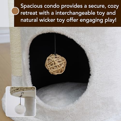 PetPals 4-Level Multi-Activity Cat Tree with Base Condo,Handwoven Paper Rope Top Nest Bed, Replaceable Sisal Scratching Posts,Teaser Toy (Cream and Beige) - color: Cream and Beige