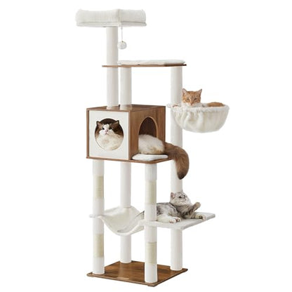 Feandrea Cat Tree, 65-Inch Tall Cat Tower, Multi-Level Condo with Cave, Basket, Hammock, Pompom, Scratching Posts, Honey Brown UPCT118K03 - color: Honey Brown