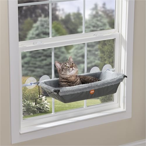 K&H Cat Window Perch EZ Mount Window Hammock - Sturdy Kitty Sill Seat, Strong Suction Cups, Metal Frame, Space-Saving Cord-Free Design, Cozy Sunbathing Bed for Large Indoor Cats, Holds 50 lbs