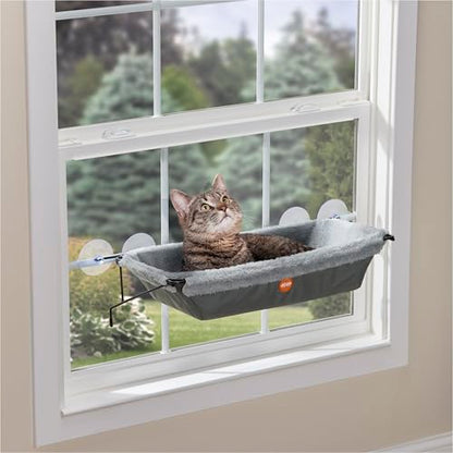K&H Cat Window Perch EZ Mount Window Hammock - Sturdy Kitty Sill Seat, Strong Suction Cups, Metal Frame, Space-Saving Cord-Free Design, Cozy Sunbathing Bed for Large Indoor Cats, Holds 50 lbs
