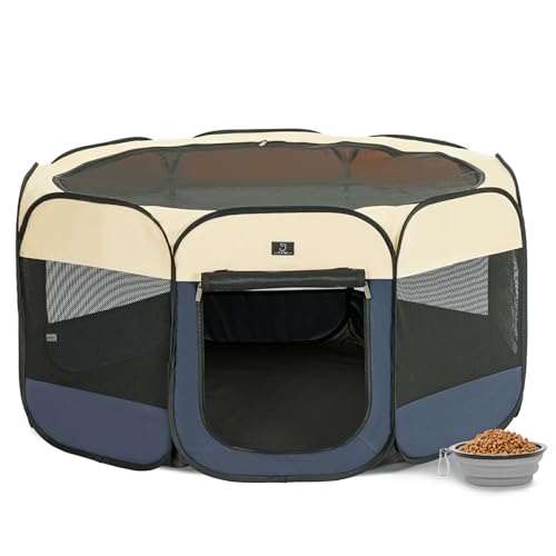 Dog Playpen for Small Dogs & Puppies, 50.39" Portable Indoor Outdoor Puppy Playpen with Bowl, Waterproof Floor, Foldable Pop-Up Pet Pen for Home, Travel & Daily Use, Blue+Beige - color: Blue+Beige, size: L(50.39"x50.39"x25")