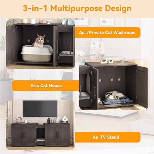 Garvee Cat Litter Box Enclosure for 2 Cats, 55" Hiddden Litter Box Enclosure Furniture 3-in-1 Wooden Litter Cabinet with Barn Door & Double Rooms for Bedroom Living Room,Walnut - color: Walnut