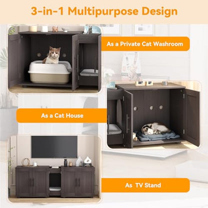 Garvee Cat Litter Box Enclosure for 2 Cats, 55" Hiddden Litter Box Enclosure Furniture 3-in-1 Wooden Litter Cabinet with Barn Door & Double Rooms for Bedroom Living Room,Walnut - color: Walnut