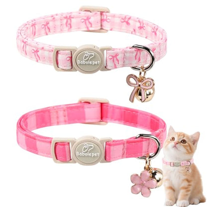 2 Pack Pink Cat Collars - Spring Summer Breakaway Cat Collar with Bell, Bow and Flower Pendant, Adjustable Kitten Collars for Girl Cats, Cute Pink Plaid &Bow - color: Pink Plaid &Bow