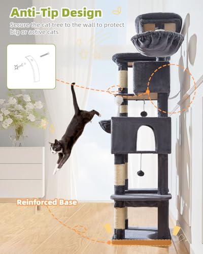 Taoqimiao Cat Tree Tower, 76-Inch Sturdy Cat Tree for Indoor Cats Large Adult Cat Tower with Scratching Posts，2 Condos, 2 Perches, 2 Large Hanging Baskets, Soft Hammock, MS046G Smoke Gray - color: Smoke Gray
