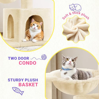 Allewie 29.5in Indoor Cat Tree, Multi-Level Cat Tower with Sisal Scratching Posts, Padded Perch, Basket, Condo, and Hanging Ball, Suitable for Kittens and Adult Felines,Beige - color: Beige