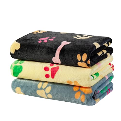 Dono 1 Pack 3 Dog Blankets, Soft Fluffy Fleece Pet Blanket Warm Sleep Mat Paw Print Design Puppy Kitten Throw Blankets Doggy Blanket for Dogs - color: Black/Yellow/Gray, size: S(23*16")