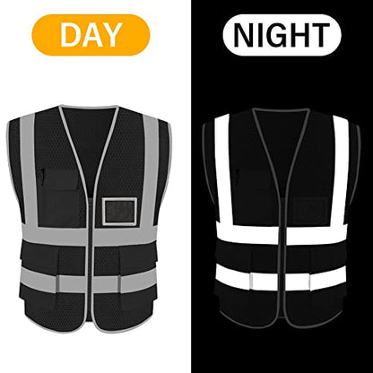 HYCOPROT High Visibility Mesh Safety Reflective Vest with Pockets and Zipper, Meets ANSI/ISEA Standards - color: Black, size: Medium