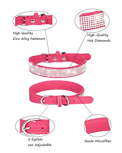 Dog Collar for Small Dogs, Adjustable Leather Suede Bling Dog Collars，Rose Red Dog Collar Cat Collar, Rhinestone Dog Collar (XS, Rose red) - color: rose red, size: XS