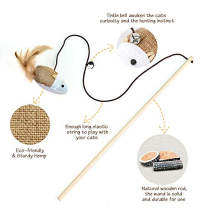 3-Piece Natural Wooden Cat Teaser Wand Toy Kit with 5 Silvervine Sticks and Elastic String Cat Pole Toy with Bell and Feather - color: Brown-3 Pcs linen style