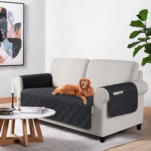 TAOCOCO Waterproof Loveseat Covers for Pets Dogs with Non Slip Backing, Sofa Seat Covers with Pocket for 2 Cushion Couch Washable Dog Couch Cover Protector Sofa Slipcovers(Loveseat Plus, Black) - color: Black, size: Loveseat Plus(Seat Width: 54'')