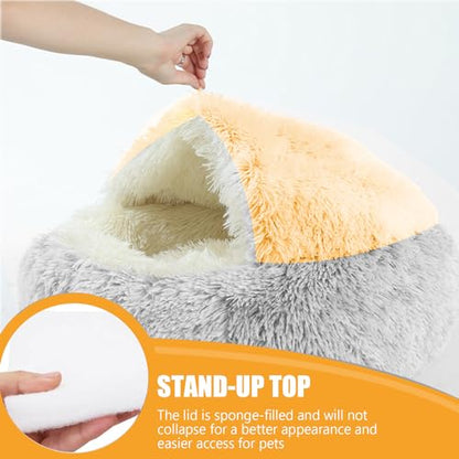 SUOXU Cat Beds for Indoor Cats,Plush Hooded Cat Cave for Puppy Kitty Small Dog Bed,Removable Washable Non-Slip Bottom Self Warming Round Fluffy Faux Fur Super Soft Calming Sleeping Pet Bed(Gray) - color: Grey