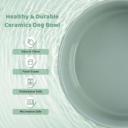 SPUNKYJUNKY Ceramics Elevated Dog Bowls with Wooden Stand Raised Bowl for Medium Large Dog Food and Water Pet Feeding Bowl(Double 60OZ Bowls,Light Green) - color: Light Green (Double Bowls Set), size: Large - 7.6 CUPS