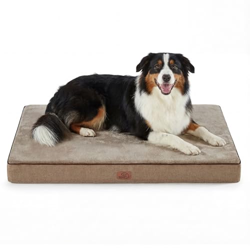 Bedsure Memory Foam Dog Crate Bed for Extra Large Dogs - XL Orthopedic Pet Beds with Removable Washable Cover and Nonskid Bottom - Plush Flannel Fleece Top Pet Mat, Khaki - color: Khaki, size: 41"L x 29"W x 3.5"Th