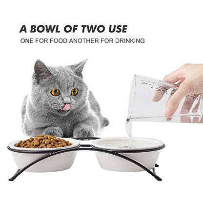 ZONEYILA Elevated Cat Bowls, Dog Bowl, Ceramic Raised Cat Food Water Bowl Set with Metal Stand for Indoor Cats Small Dog, Prevent Neck Pain,12 Ounces, Cute Paw Pattern - color: Paw Pattern Bowls & Black Stand