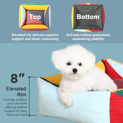 Cotton Canvas Dog Bed, Cute Dog Beds for Small Dogs, Puppy Bed with Washable Removable Cover, Durable 290 GSM Cotton Anti-Chewing Pet Bed with Anti-Slip Bottom (24"x20"x8", Red&Yellow&Green) - color: Red+Green+Yellow, size: Small
