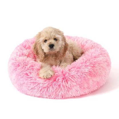 Calming Donut Dog Bed for Small to Medium Dogs & Cats - Plush Faux Fur Anti-Anxiety Pet Bed with Machine Washable Cover & Non-Slip Base - color: Gradient Pink, size: X-Small 15.7''