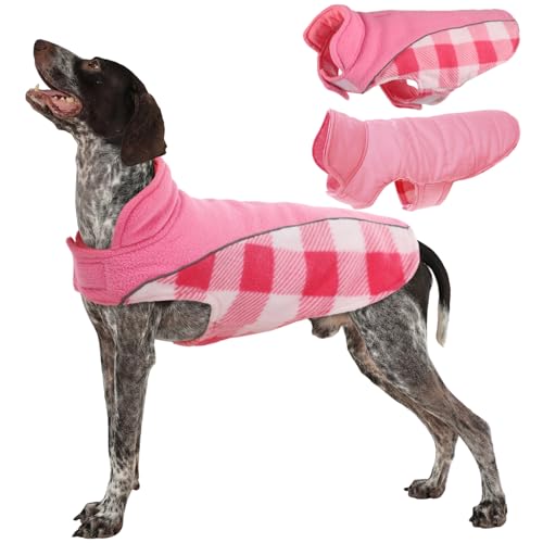 Kuoser Dog Winter Coat, Reversible Waterproof Dog Jacket with Reflective Strip, Warm Dogs Fleece Vest Adjustable Doggy Cold Weather Clothes Plaid Christmas Outfit Pet Apparel for Medium Dogs, Pink M - color: Pink, size: Medium (Chest Girth: 17.3-20.9'' )