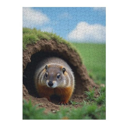 Groundhog Pops Out Hole Groundhog Day 1000-Piece Wooden Jigsaw Puzzle, Cute Groundhog Scene, Cozy Indoor Fun, Family Entertainment - color: #4