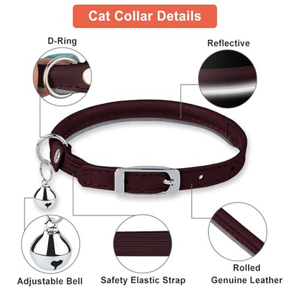 OOPSDOGGY Rolled Leather Cat Collar with Bell, Reflective Kitten Collars with Buckle Include Safety Elastic Strap - Adjustable Small Pet Collars for Boy Girl Cats (Burgundy) - color: Burgundy