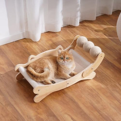 Cat Scratcher Bed, Heavy Duty Sisal Cat Scratching Post with Hammock for Indoor Cats, Natural Wood Cat Lounge for Sleeping & Scratching, Stable Platform for Large Cats, Easy Assembly Cat Furniture