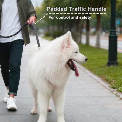 5FT Bungee Dog Leash with 2 Handles, Reflective Strong Nylon Traffic Leash, Shock Absorbing Lead for Large Medium Dogs Walking Training Controlling, Black - color: Black