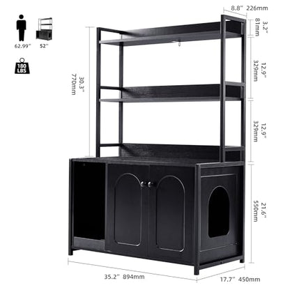 Garvee Cat Litter Box Enclosure with Shelves, 52'' Large Hidden Cats Furniture for Most Litter Box, Wood Enclosed Dog Proof Cat Kitty Cabinet with Scratch Mat Black - color: Black-1