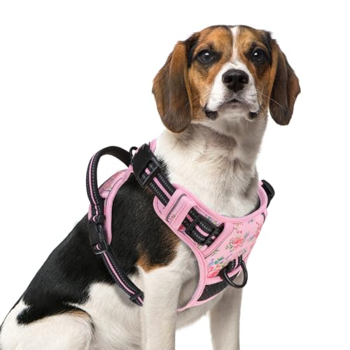 PUPTECK No Pull Tactical Dog Harness Medium Sized, Adjustable Reflective Dog Harness with Handle Easy Control, Comfortable Soft Padded Pet Vest Harness for Medium Dogs, Pink Flowers M - color: Pink Floral, size: Medium