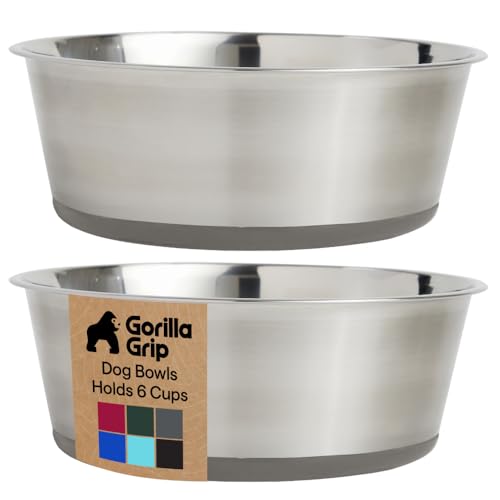 GORILLA GRIP Dog Bowls, Food Grade 304 Stainless Steel, Holds 6 Cups Each (48 fl oz) Food and Water Bowl for Feeding Dogs and Cats, Dishwasher Safe, Rust Resistant, BPA Free Rubber Base Set of 2 Gray - color: Gray, size: 6 Cup (48 Oz)