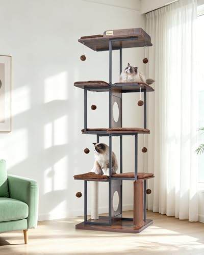 FourFurPets Extra Large Cat Tree, 66.4" XXL Cat Tower for Indoor Cats Large Adult 20lb+, Modern Cat Tree Tower with Scratching Post, Multi-Level Cat Condo, Big Perches, Rustic Brown