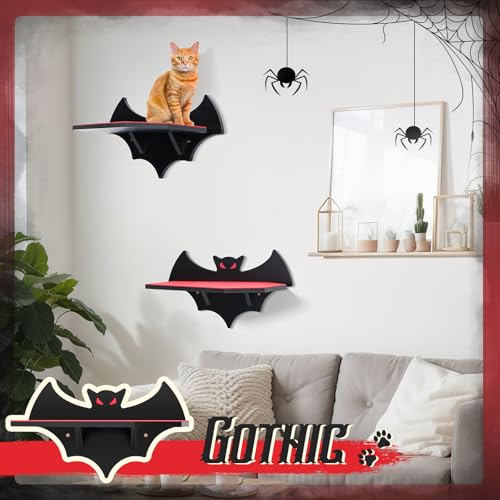 Gemscream Cat Shelves for Wall, Halloween Bat Floating Gothic Bed with Coffin Scratching Board Cat Wall Tree Can Load Bearing up to 30 Lbs/ 14 kg