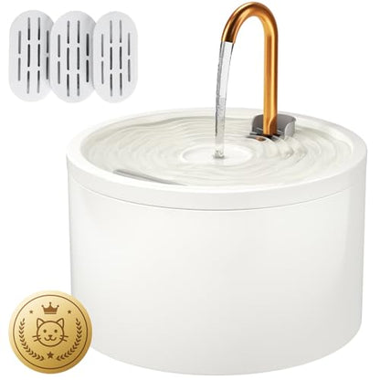 Ceramic Cat Water Fountain, 2.1L/71oz Ceramic Cat Fountain, Automatic Ceramic Water Fountain for Cats, Pet Water Fountain with Ultra-Quiet Pump and 3 Filters & 3 Sponges (White)