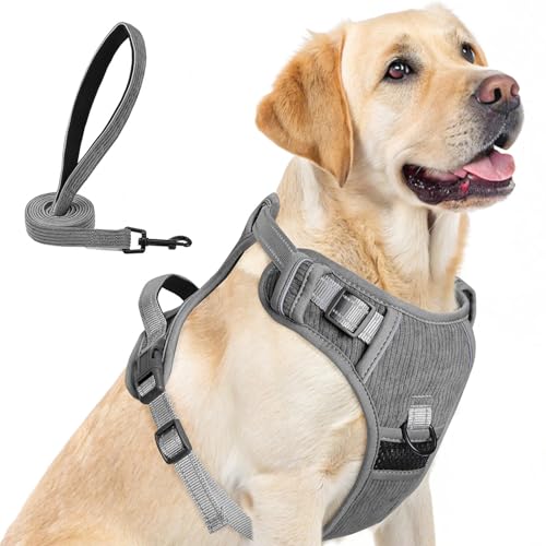 BEAUTYZOO No Pull Dog Harness Large, Adjustable Dog Harness and Leash Set -Easy Wearing with 3 Buckles/Control Handle,No Choke Soft Padded Reflective Pet Vest for Training Walking Hiking,Grey L - color: Solid Grey, size: L: chest 22"-33"