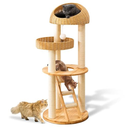 Big Modern Design Cat Tree Tower, Cat Tower Sisal-Covered Scratching Posts for Indoor Cats, Natural Oak Wood Cat Tree for Large Cats, Multi-Level Cat Condo with Sisal Staircase - color: DC999