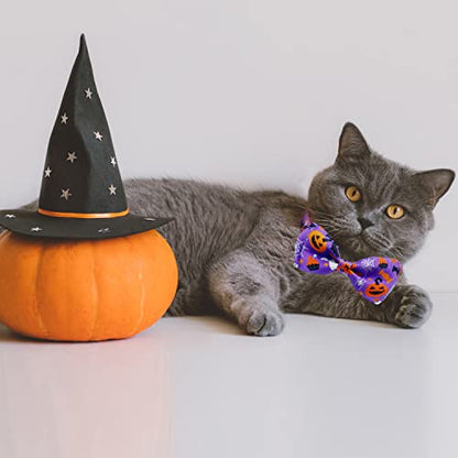 Halloween Cat Collar with Bell, Kitty Kitten Holiday Bow tie Collar Breakaway 2 Pack for Girl and Boys Male Female - color: Pattern A