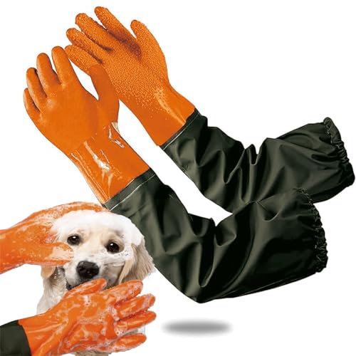 YOFANG 27.2" Pet Grooming Bathing Gloves,Extra Long Waterproof Rubber Washing Gloves for Dogs & Cats,Anti-Bite Anti-Scratch Hair Removal Cat Bath Gloves with 3000+ Massage Particles,Orange/Green - color: Orange and Green