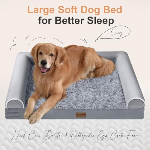Large Dog Bed Orthopedic Washable: Jumbo Dog Bed Bolster Extra Large Dogs Egg Crate Foam Sofa Couch Waterproof Removable Cover - Grey - color: Light Grey, size: 53.0"L x 42.0"W x 6.5"Th