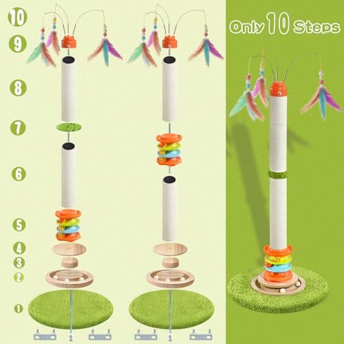 YARUOMY Cat Scratching Post，40'' Tall Cat Scratcher Tree Cat Toys for Indoor Cats with Cat Toys 4-Tier Roller Track，Automatically Rotating cat Teaser Wand，Hanging Balls for Kittens Adults Cats