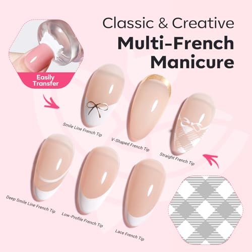 Modelones 16PCS Plaid Nail Stamping Kit – French Tip Stamper White Black Painting Gel Polish Chrome Powder Proof Matte Gel Top Coat Gingham Template Dual Nail Art Brush Summer Manicure Gift for Women - color: A A A1 Classic Plaid Elegance