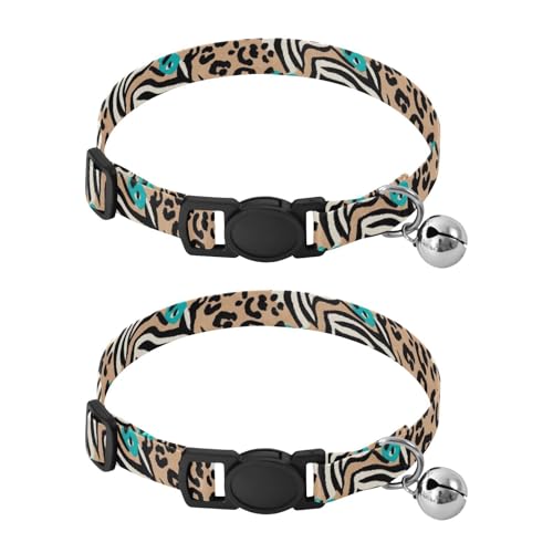 Zebra Leopard Tan Collar for Kitten, 2 Pack Kitten Bell Collar - color: Zebra Leopard Tan