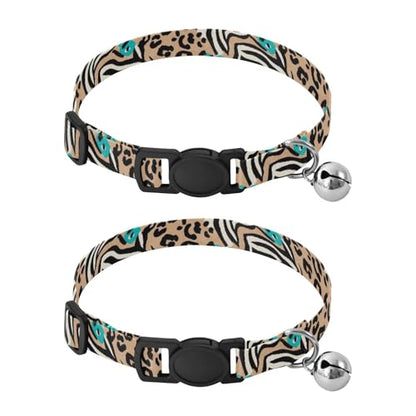 Zebra Leopard Tan Collar for Kitten, 2 Pack Kitten Bell Collar - color: Zebra Leopard Tan