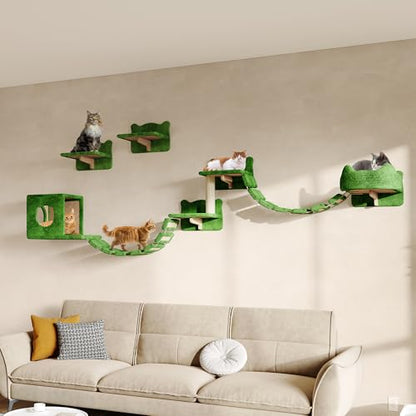 9-in-1 Cat Wall Shelves, Multi-Level Wall Mounted Cats Furniture Set with Plush Fabric, Floor Space-Saving Wooden Cat Climbing Wall Systems with Scratching Post, Bridge Ladder, Condos, Green - color: Green, size: 9-in-1