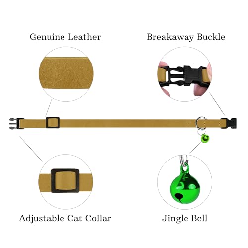 Breakaway Cat Collar Leather with Removable Bell - 13 Colors Available - Soft Adjustable Girl Boy Safety Lightweight Pet Kitten Collars Pink Brown Blue Green Red Orange Black (Mustard) - color: Mustard