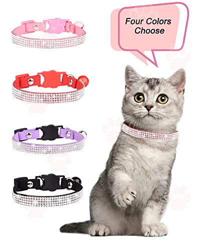 Solmoony Breakaway Cat Collars with Bell,Adjustable Safe Kitten Collar,Cat Collars for Girl Cats with Rhinestone Soft Velvet (Pink) - color: Pink