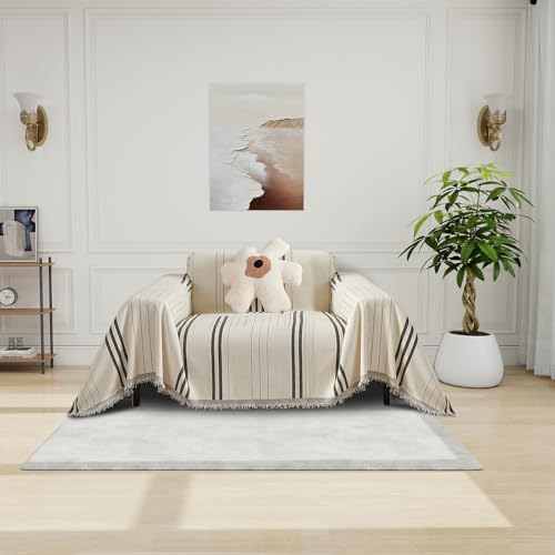 Couch Cover for Armchair Reversible Chenille Chair Sofa Protector Washable Couch Cover Blanket for Living Room Striped Jacquard Recliner Furniture Slipcover 71"x71" - color: A0# Beige/Dark Grey - Striped, size: Medium 71" x 71"