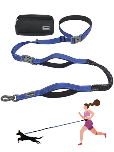 Hands Free Dog Leash with Zipper Pouch & Waist Belt – Reflective Durable Bungee Leash with Dual Padded Handles for Walking, Jogging & Running, Fits Small to Large Dogs (Blue) - color: Blue